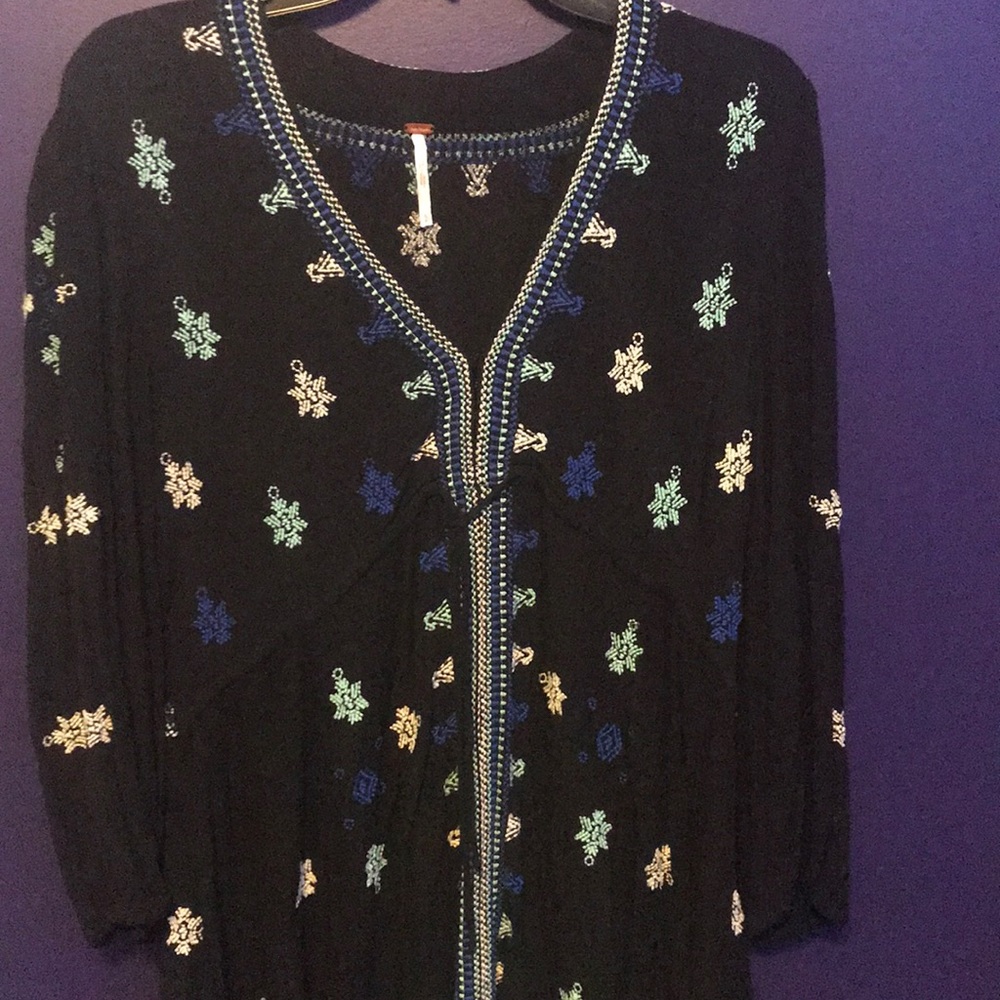 Free People Black Tunic Shirt with Blue Embroidery